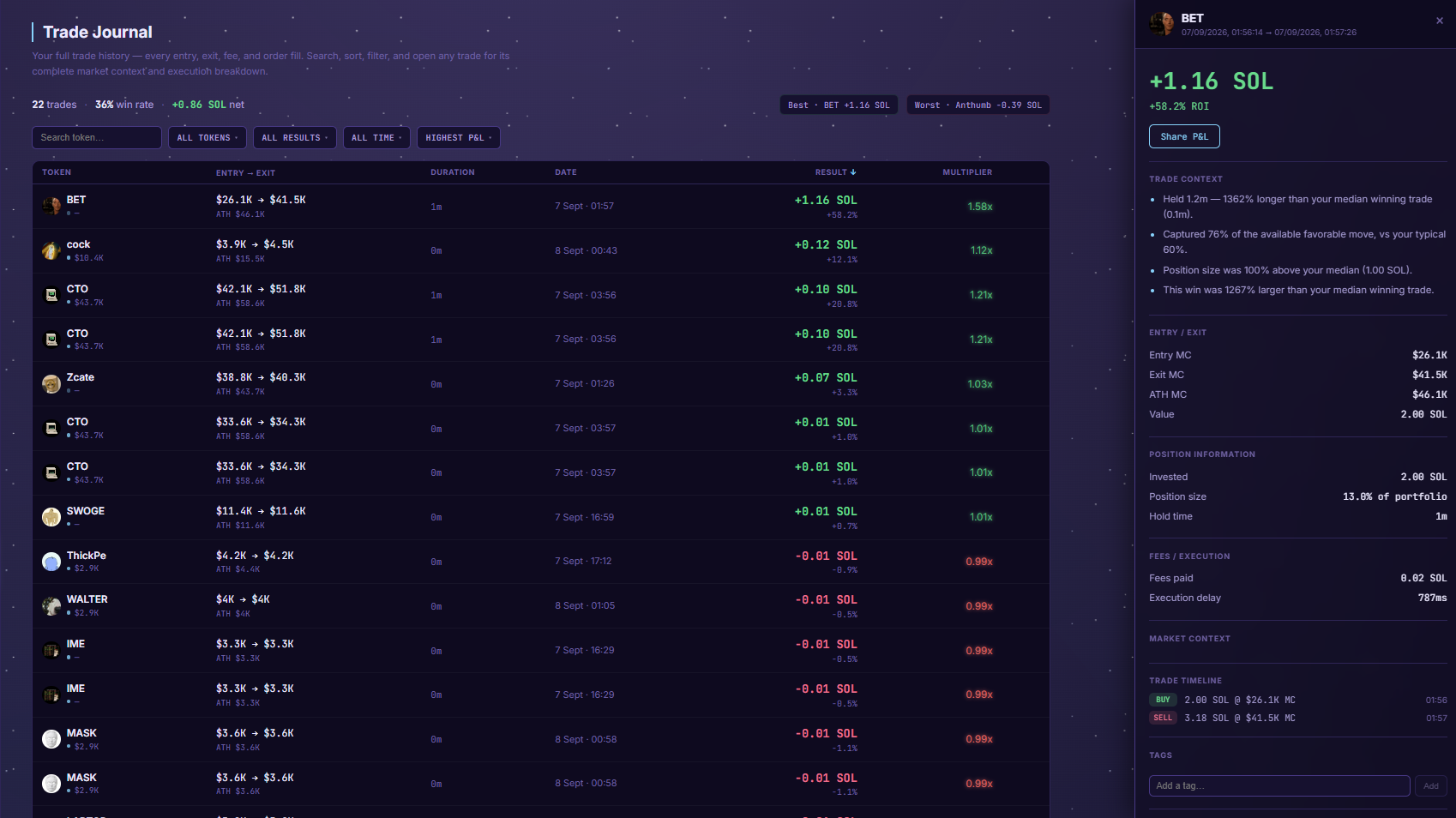NEBULA's Trade Journal, showing the full trade table with a trade's detail drawer open