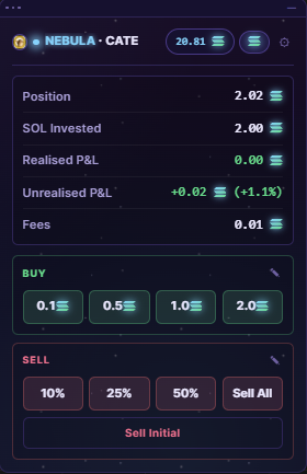 NEBULA trading panel overlaid on a live Axiom chart